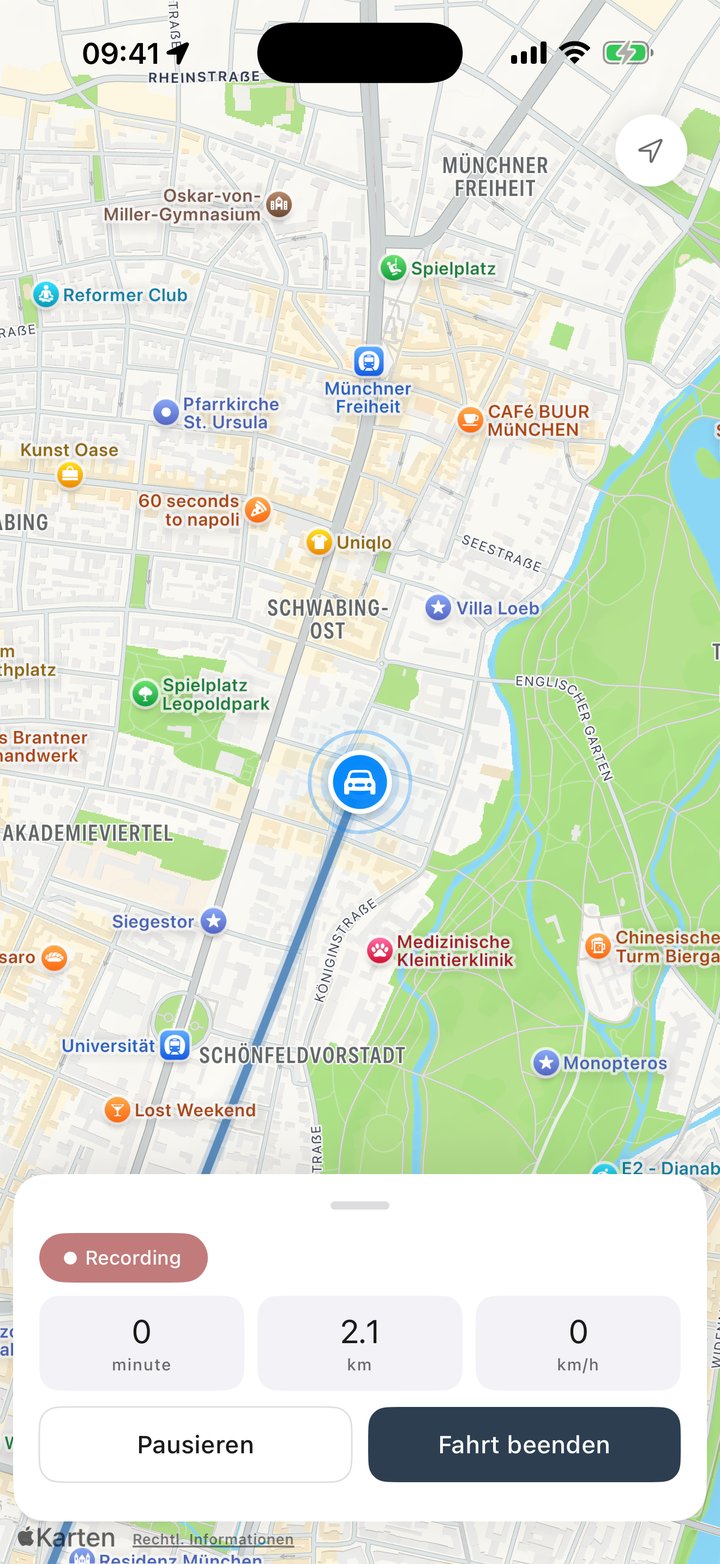 TripLogger zeichnet eine Fahrt live auf der Karte auf: Strecke, Zeit und Geschwindigkeit mit den Tasten Pausieren und Fahrt beenden