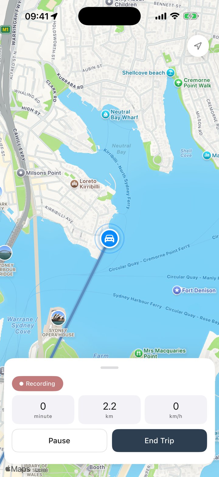 TripLogger recording a trip live on a map: distance, time and speed with Pause and End Trip buttons