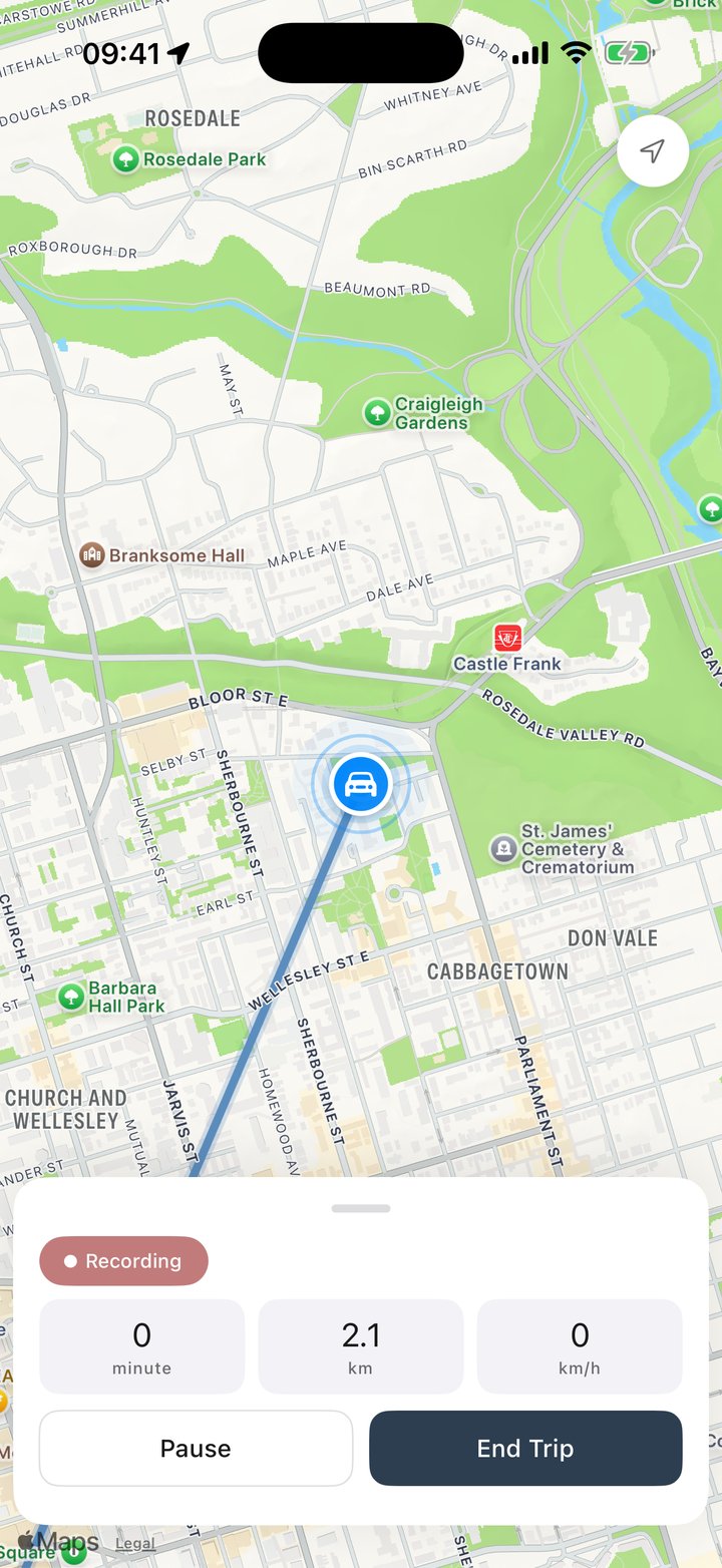TripLogger recording a trip live on a map: distance, time and speed with Pause and End Trip buttons