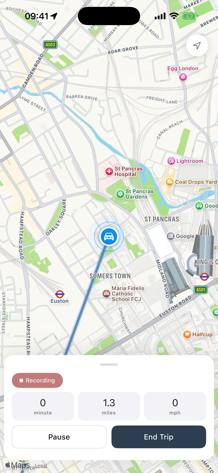 TripLogger recording a trip live on a map: distance, time and speed with Pause and End Trip buttons
