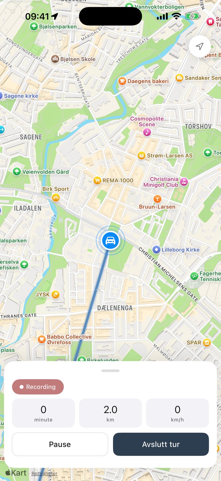 TripLogger logger en tur direkte på kartet: avstand, tid og fart med knappene Pause og Avslutt tur